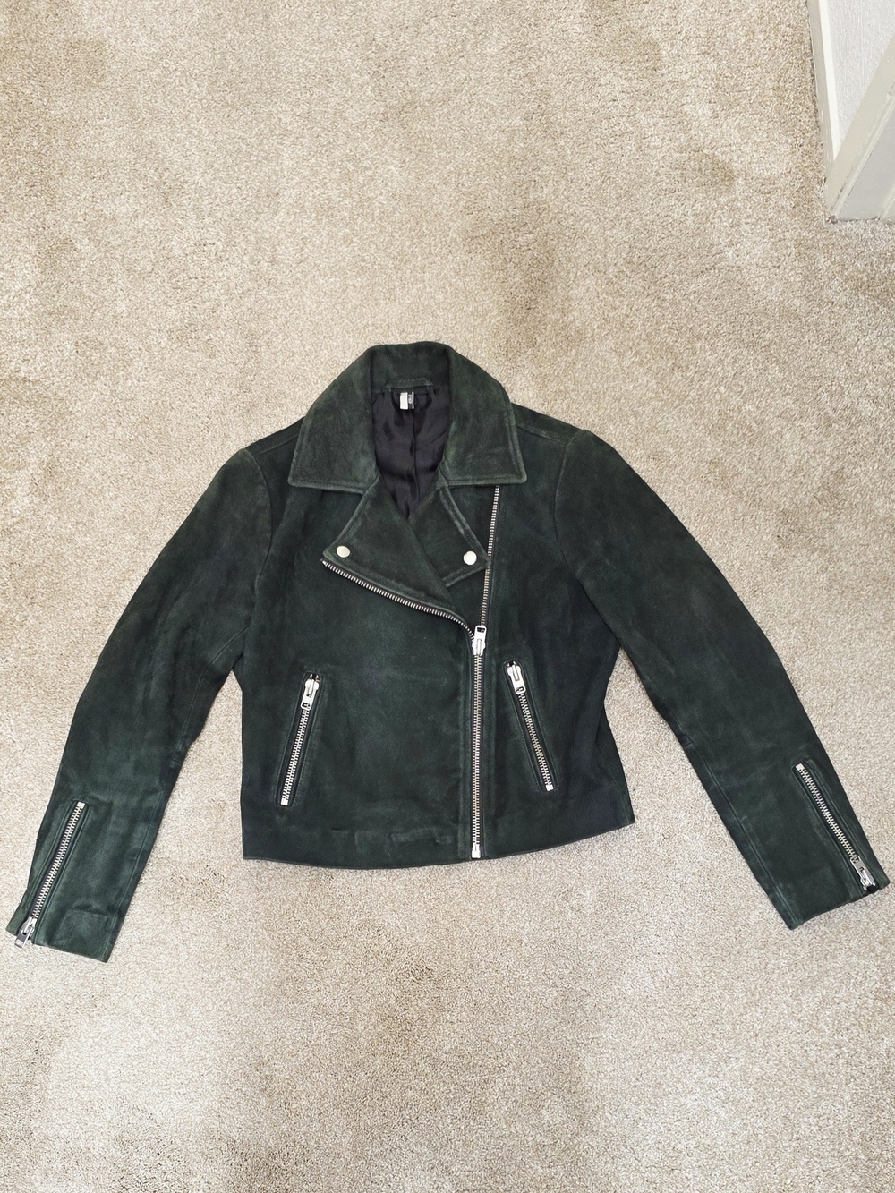 Topshop Real Suede Leather Moto Biker Jacket Forest Green Silver Zips US 6